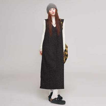 【ワンピース】ウール レディース 秋冬 ゆったりVネック 後ろスリット入り 体型カバー ノースリーブワンピース【JZシリーズ】