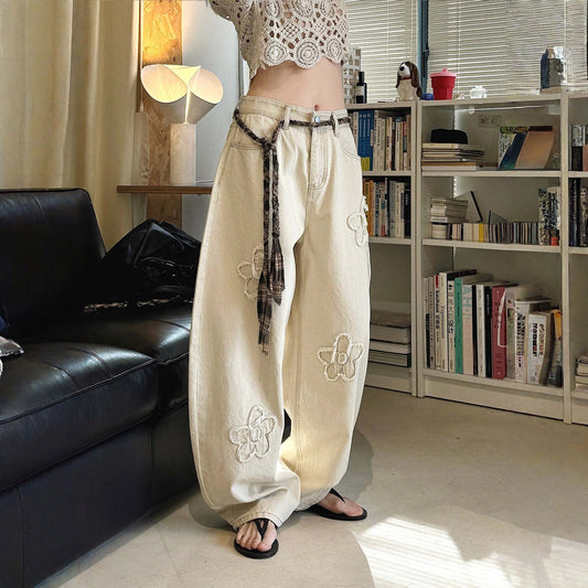 【ボトムス】デザイン性 ハイウエスト 花モチーフ アップリケ刺繍 デニムパンツ 【JZシリーズ】