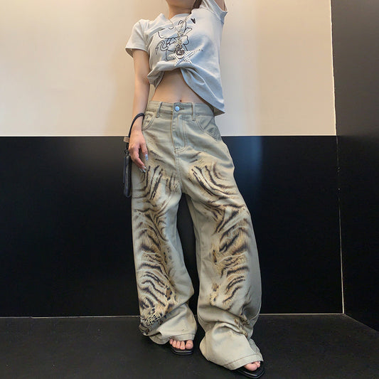 【ボトムス】デニムパンツ レディース レオパード柄 ワイドパンツ ヴィンテージ風 カジュアル モード【FCシリーズ】