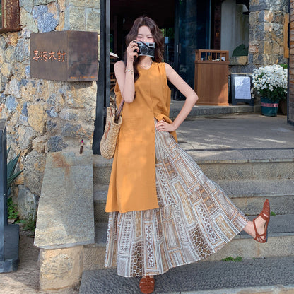 2点セット！【セットアップ】リラックス レディース 夏 ノースリーブトップス 花柄ロングスカート 上下セット【SHシリーズ】