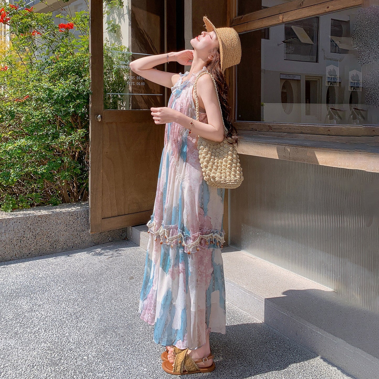 【ワンピース】花柄 ホルターネック ロング丈 ノースリーブワンピース 細見え 体型カバー 上品 リゾート 海外旅行 ビーチコーデ【SHシリーズ】