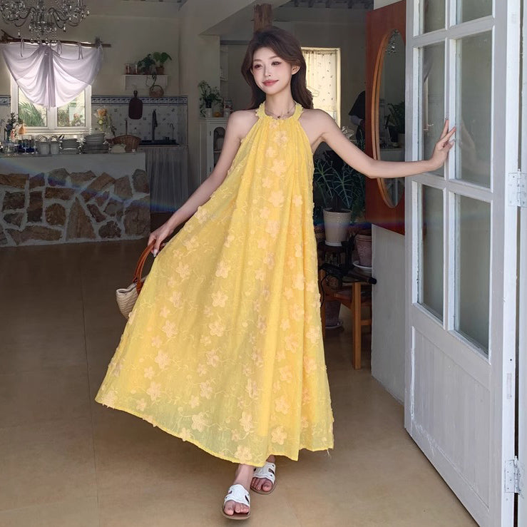 【ワンピース】夏 花柄 イエロー ハイネックキャミノースリーブワンピース 気質溢れる優しげロングドレス【SHシリーズ】