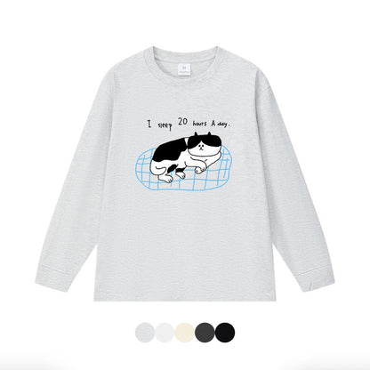 5カラー | S~3XL【トップス】猫のスリープタイム プリント 長袖Tシャツ コットン 秋 ゆったり トップス インナー【FCシリーズ】
