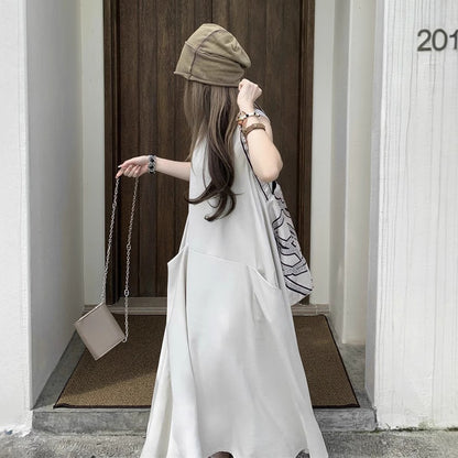 【ワンピース】気質 大きめポケット デザイン性 スタイルアップ 体型カバー ノースリーブ タンクワンピース