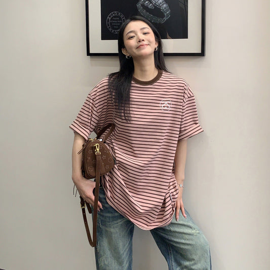 【トップス】レトロ風 ボーダーTシャツ レディース 半袖 オーバーサイズ ゆったりシルエット アメリカンカジュアル【FCシリーズ】