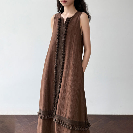 【ワンピース】韓国風 フリンジ切替 ゆったりリラックス Vネック ノースリーブワンピース 夏用 体型カバー 若見え ベストワンピース【JZシリーズ】