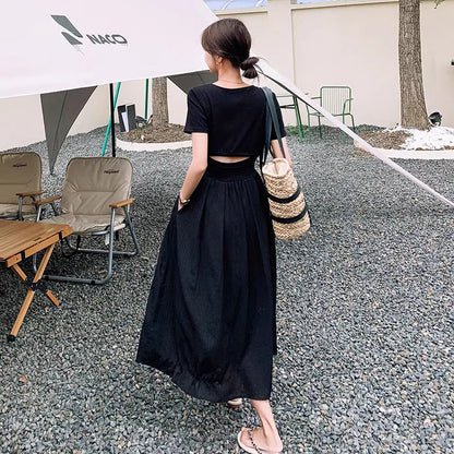 【ワンピース】こなれ感満点 半袖ワンピース スリム見え◎大人上品な黒ワンピ【JZシリーズ】