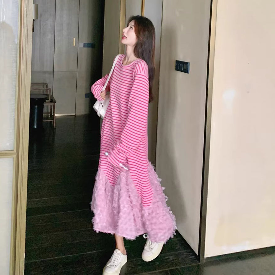 【ワンピース】トレンド切り替え ピンクストライプ 長袖ワンピース  フェイクレイヤード マーメイドスカート カジュアル スウェットワンピ 【SHシリーズ】