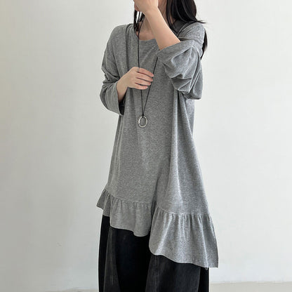 【トップス】韓国風 切替 ドレープ感 フリルデザイン Tシャツ 早春新作 長袖 デザイン感【JZシリーズ】