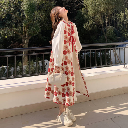 2点セット！【セットアップ】花柄ライトフレンチ ロマンチック ワンピースセットアップ レディース 2025年秋新作 レイヤード風【SHシリーズ】