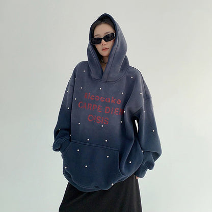 【トップス】小洒落デザイン ヴィンテージ風 グラデ刺繍＆ビーズ 裏起毛フード付きパーカー レディース【FCシリーズ】