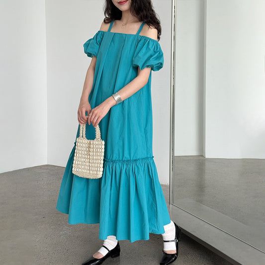 【ワンピース】韓国風スウィート 夏新作 オフショルダー パフスリーブ 半袖ワンピース【SNシリーズ】