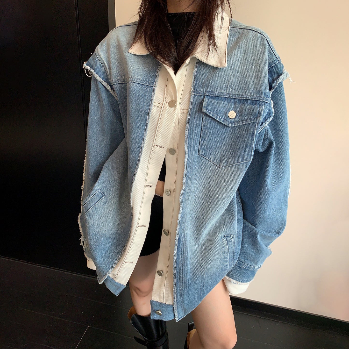 【アウター】ヴィンテージフェイクレイヤードデニムジャケット レディース 個性デザイン 秋コーデ【FCシリーズ】