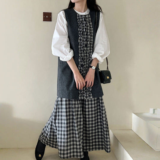 【ワンピース】春 秋 冬 チェック柄 マーメイド 花びらツイード ベスト型 ワンピース 【JZシリーズ】