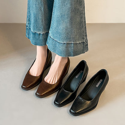 【シューズ】新作 シンプル 太ヒール ソフトレザー 7cm ハイヒール レディース スクエアトゥ 気品あふれる 通勤用 靴 パンプス