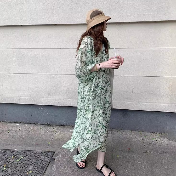 【ワンピース】Vネック半袖 花柄ワンピース レディース 七分袖 ミモレ丈 ゆったりシルエット【SHシリーズ】