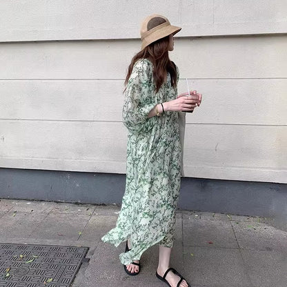 【ワンピース】Vネック半袖 花柄ワンピース レディース 七分袖 ミモレ丈 ゆったりシルエット【SHシリーズ】