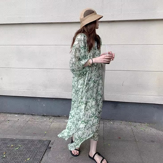 【ワンピース】Vネック半袖 花柄ワンピース レディース 七分袖 ミモレ丈 ゆったりシルエット【SHシリーズ】