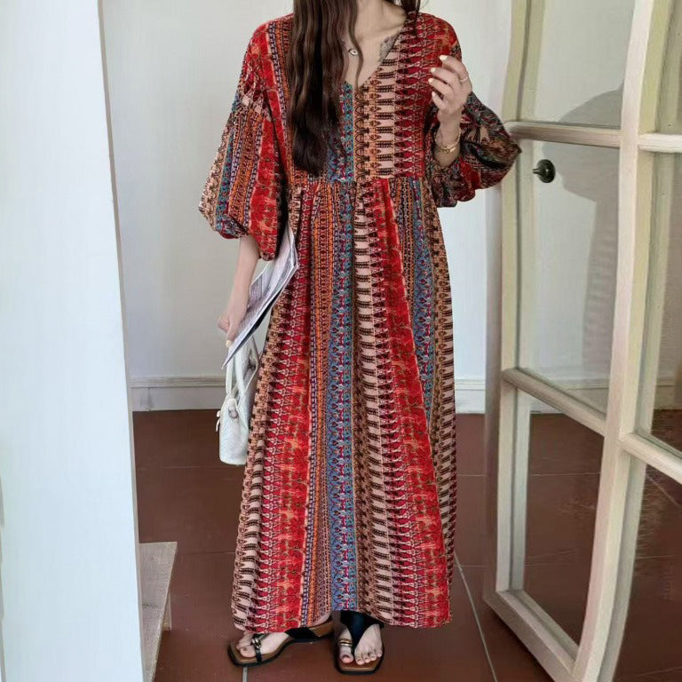 【ワンピース】ゆったり バルーンスリーブ エスニック風 半袖 ロングワンピース 大きいサイズ レディース【SHシリーズ】
