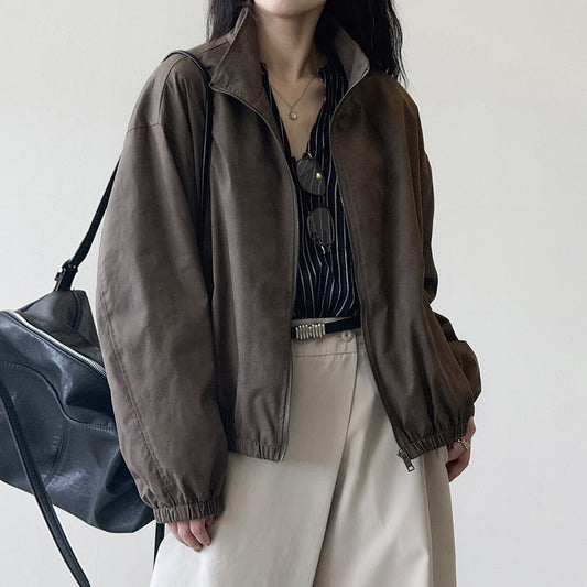 【アウター】スタンドカラー ワークジャケット レディース 春秋 小洒落 ゆったり カジュアル ショート丈 ジップアップジャケット【JZシリーズ】