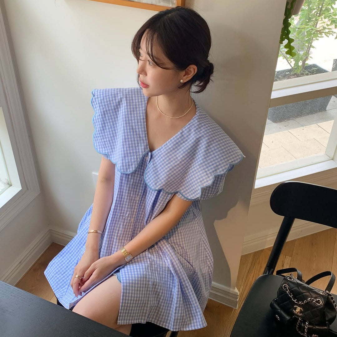 【トップス】韓国風 刺繍ビッグカラーチェックブラウス レディース 大人可愛い 襟付き ゆったり シルエット カジュアル【JZシリーズ】
