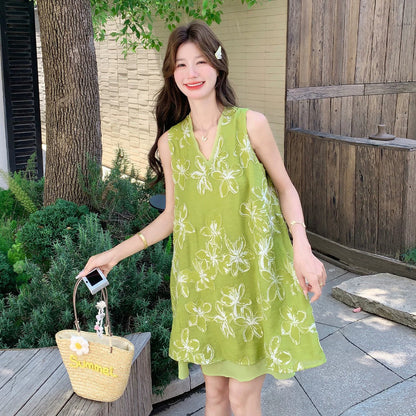 【ワンピース】立体 刺繍 フェイクレイヤード ノースリーブワンピース レディース 夏 Aライン 着痩せ 若見え 体型カバー【SHシリーズ】