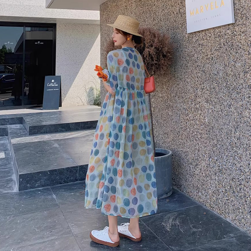 【ワンピース】【10～15日内発送】夏新作 やや透け感 ゆったりシルエット 体型カバー 冷淡系ドット柄 半袖ワンピース【SHシリーズ】