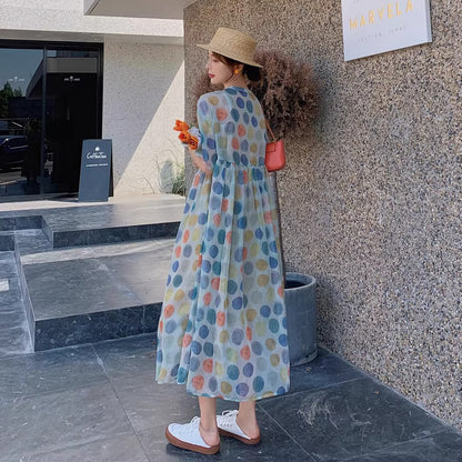 【ワンピース】【10～15日内発送】夏新作 やや透け感 ゆったりシルエット 体型カバー 冷淡系ドット柄 半袖ワンピース【SHシリーズ】