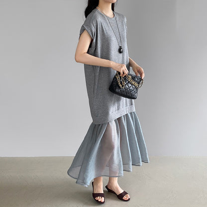 【ワンピース】カジュアル 夏 高級感 韓国風 フェイクツーイン ゆったり半袖Tシャツワンピース【JZシリーズ】