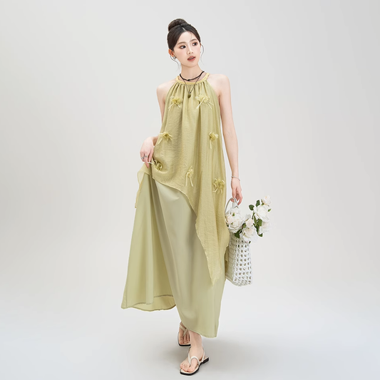 【ワンピース】夏新作 フレンチバカンス風 立体フラワー付き ハルターネック ノースリーブワンピース【SHシリーズ】