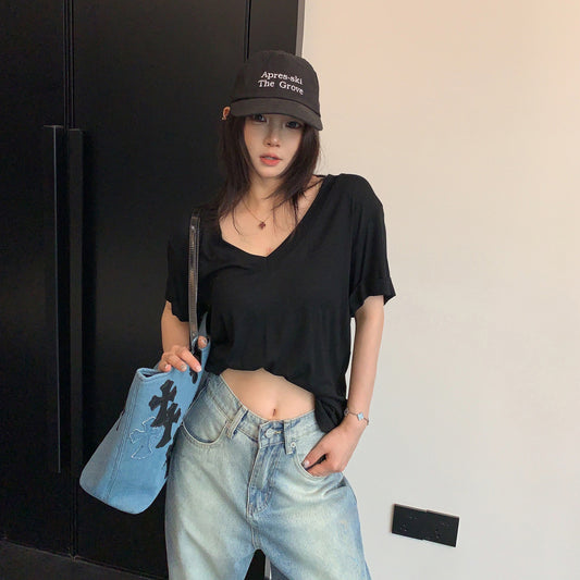 【トップス】Vネック 半袖Ｔシャツ レディース ミニマル 上品見え 落ち感素材 ショート丈 きれいめ リラックス感【FCシリーズ】