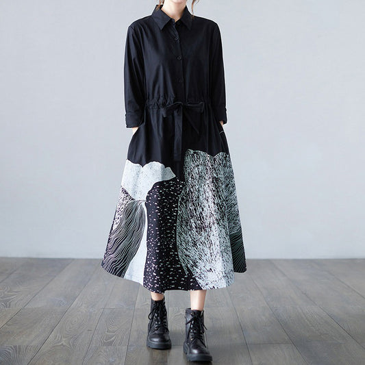 【ワンピース】春新作 レトロプリント 切替デザイン シャツワンピース 長袖 ゆったりシルエット【AHシリーズ】