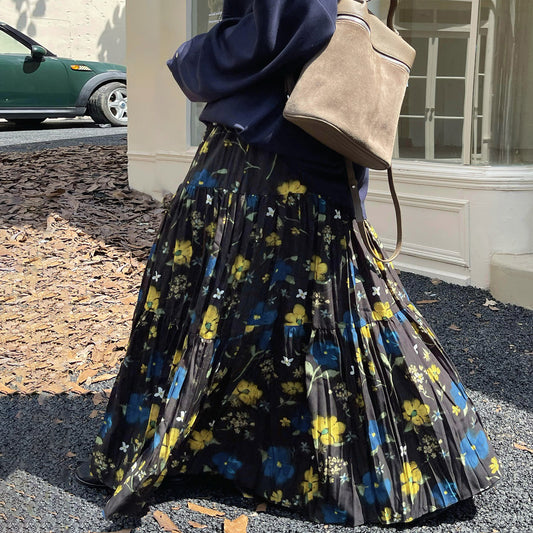 【ボトムス】レトロ風 初秋新作 ハイウエスト スリム見え 切り替え ロングスカート 花柄プリーツ  スカート【SHシリーズ】