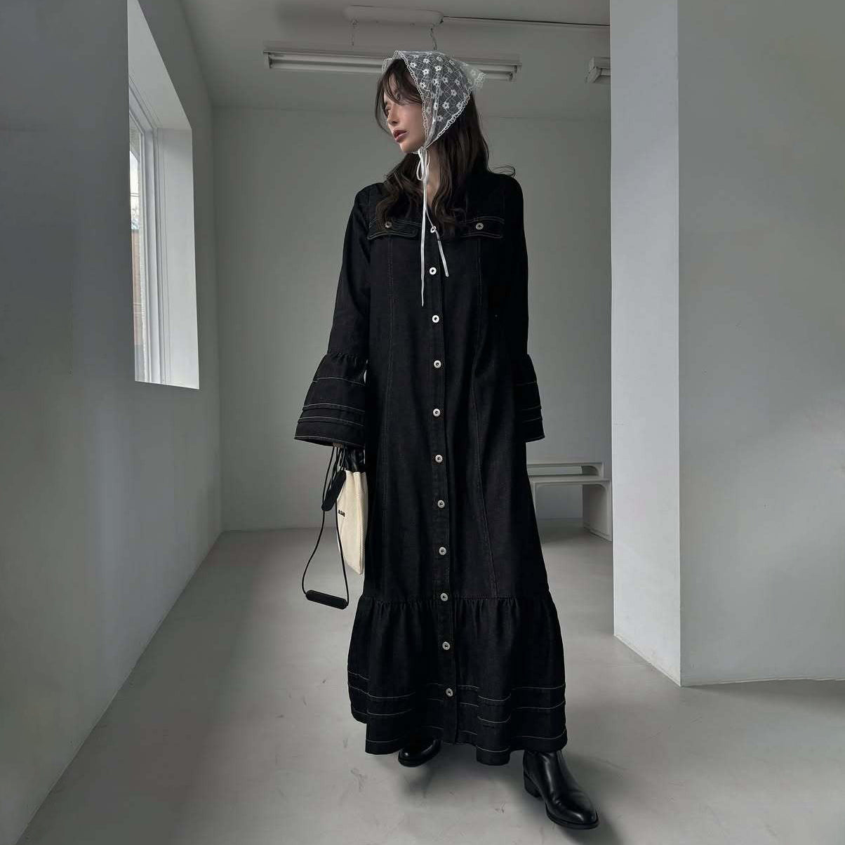 【ワンピース】日系 春夏 アメリカンレトロ オールドマネー風 デザインデニムワンピース レディース ゆったり カジュアル 長袖ワンピース【JZシリーズ】