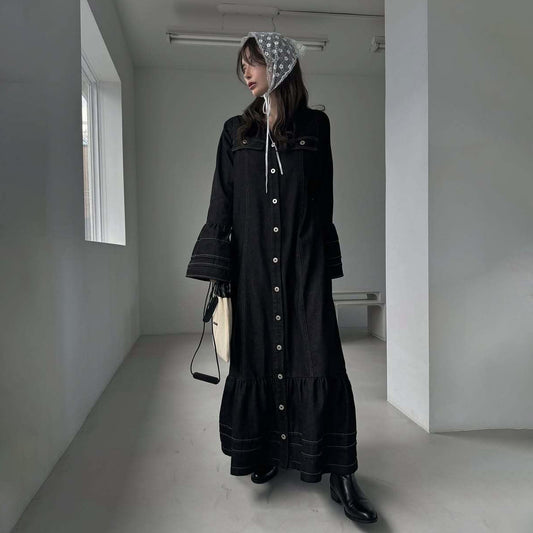 【ワンピース】日系 春夏 アメリカンレトロ オールドマネー風 デザインデニムワンピース レディース ゆったり カジュアル 長袖ワンピース【JZシリーズ】