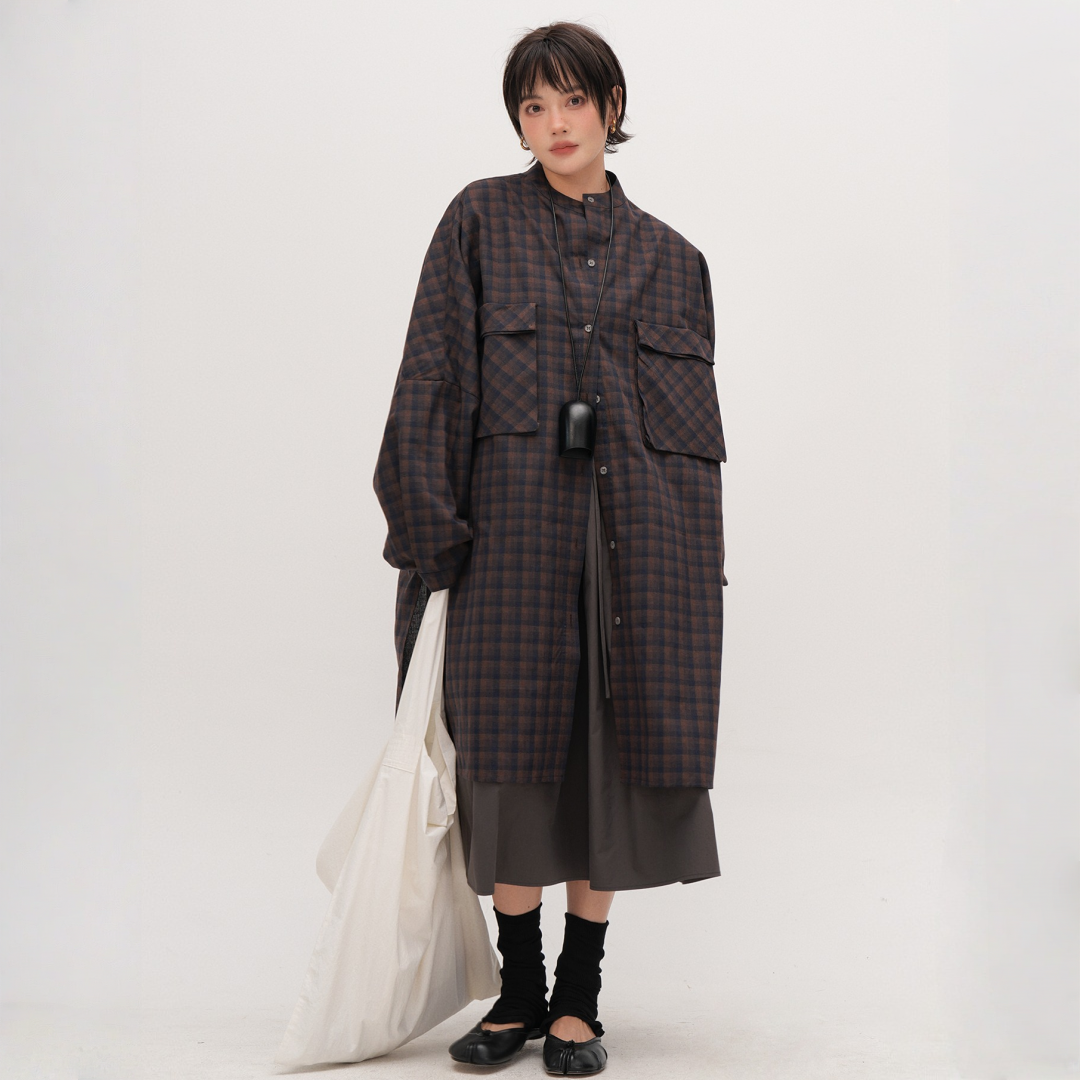 【ワンピース】春 秋 冬 レトロ チェック柄 ゆるリラックス コート ワンピース 【JZシリーズ】