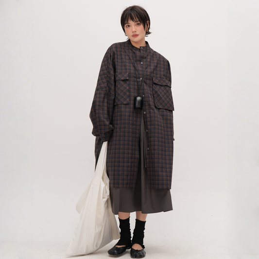 【ワンピース】春 秋 冬 レトロ チェック柄 ゆるリラックス コート ワンピース 【JZシリーズ】