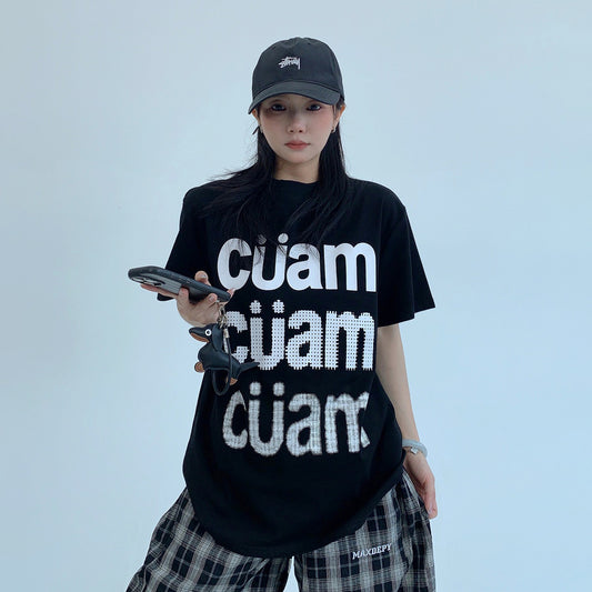 【トップス】カジュアル ロゴプリント クロップドショルダー 半袖Tシャツ【FCシリーズ】