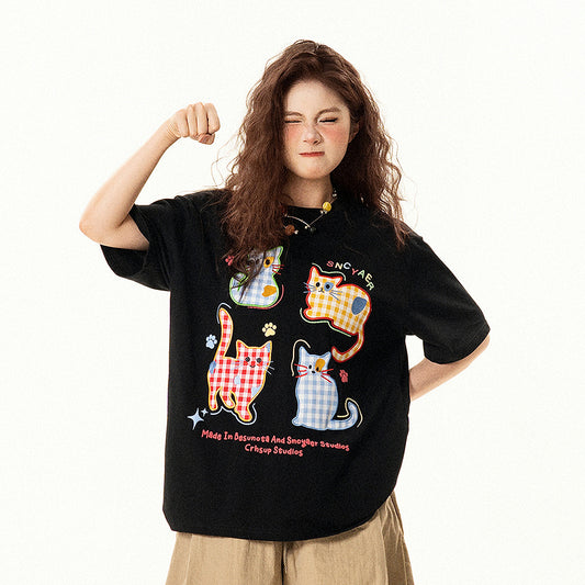 【トップス】レトロ趣味 チェック柄 猫モチーフ 刺繍 半袖Tシャツ レディース 夏 ゆったり 体型カバー カジュアルコーデ【FCシリーズ】【15〜20日発送】