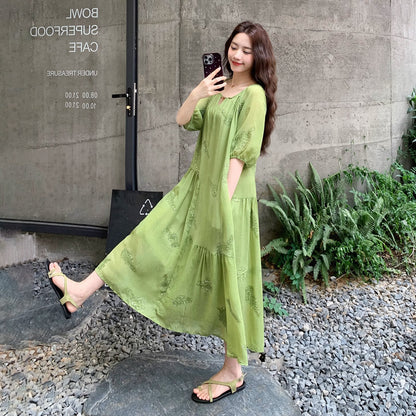 【ワンピース】森系 重工刺繍 パフスリーブ 夏 フレンチ風 半袖ワンピース【SHシリーズ】