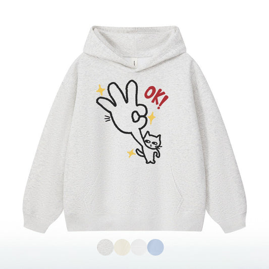 4カラー | S~3XL【トップス】ユニーク猫プリント 手描き風 フード付きスウェット 春秋 ペアOK ルーズ ユニセックス ルーズ パーカー【FCシリーズ】