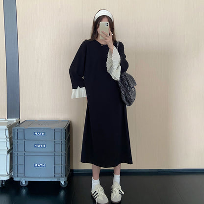 【ワンピース】配色切替長袖ワンピース レディース 秋新作 ゆったり 体型カバー 着痩せ見え ロング丈【JZシリーズ】