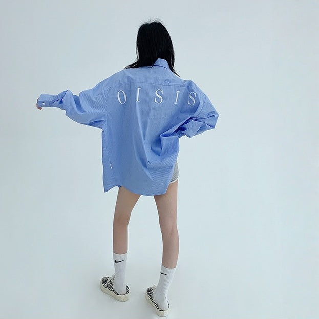 【トップス】春 秋 冬 ストライプ柄 ルーズ 長袖 刺繍 シャツ·ブラウス 【FCシリーズ】