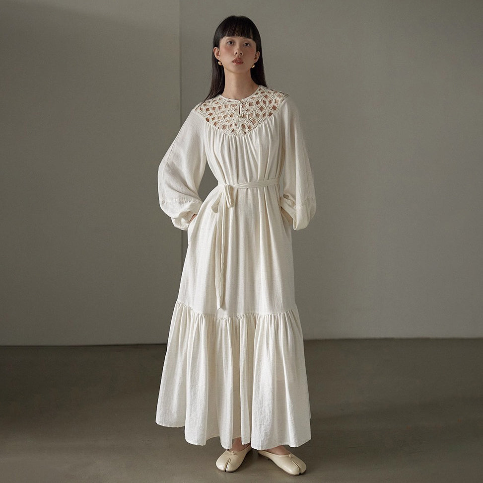 【ワンピース】フレンチ風 刺繍 レース 長袖ワンピース｜透かしデザイン リゾート感あふれるロングドレス【JZシリーズ】
