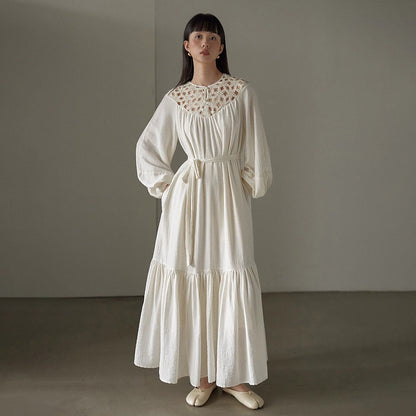 【ワンピース】フレンチ風 刺繍 レース 長袖ワンピース｜透かしデザイン リゾート感あふれるロングドレス【JZシリーズ】