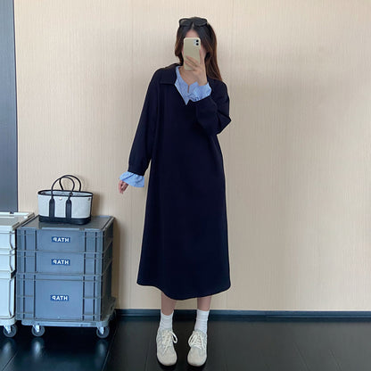 【ワンピース】韓国風フェイクレイヤードワンピース レディース 秋新作 ストライプ シャツカラー ゆったり ロング丈【JZシリーズ】