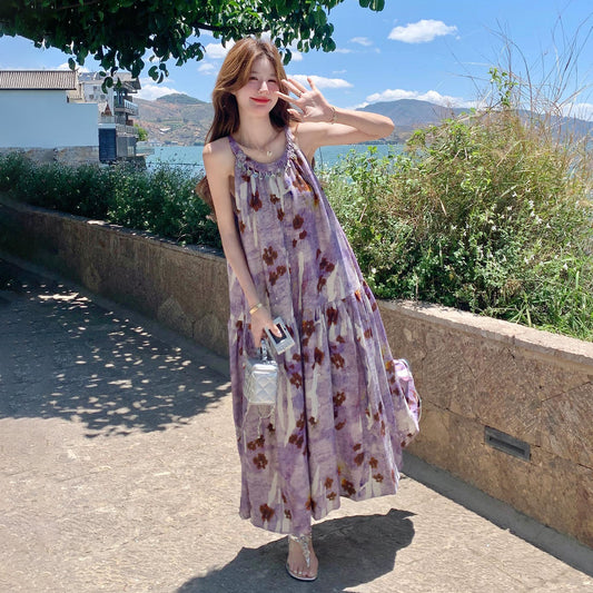 【ワンピース】上品 リゾートワンピース レディース 夏 パープル プリント ノースリーブ ホルターネック ロングワンピース【SHシリーズ】
