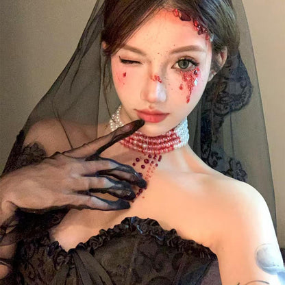 【ハロウィン】血糊パール フリンジチョーカー ゴシック風 コスプレ 花嫁 ネックレス アクセサリー