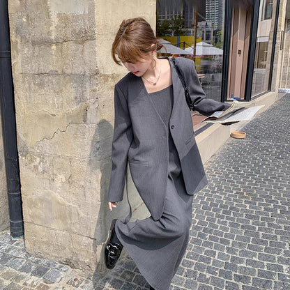 2点セット！【セットアップ】春秋にぴったりの通勤コーデ テーラードジャケット＋キャミワンピース 2点セット【JZシリーズ】【SNシリーズ】