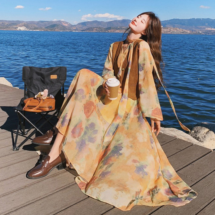 【セットアップ】ベスト付き 花柄フレア 長袖ワンピース セット 春秋 海辺リゾート 高級感【SHシリーズ】